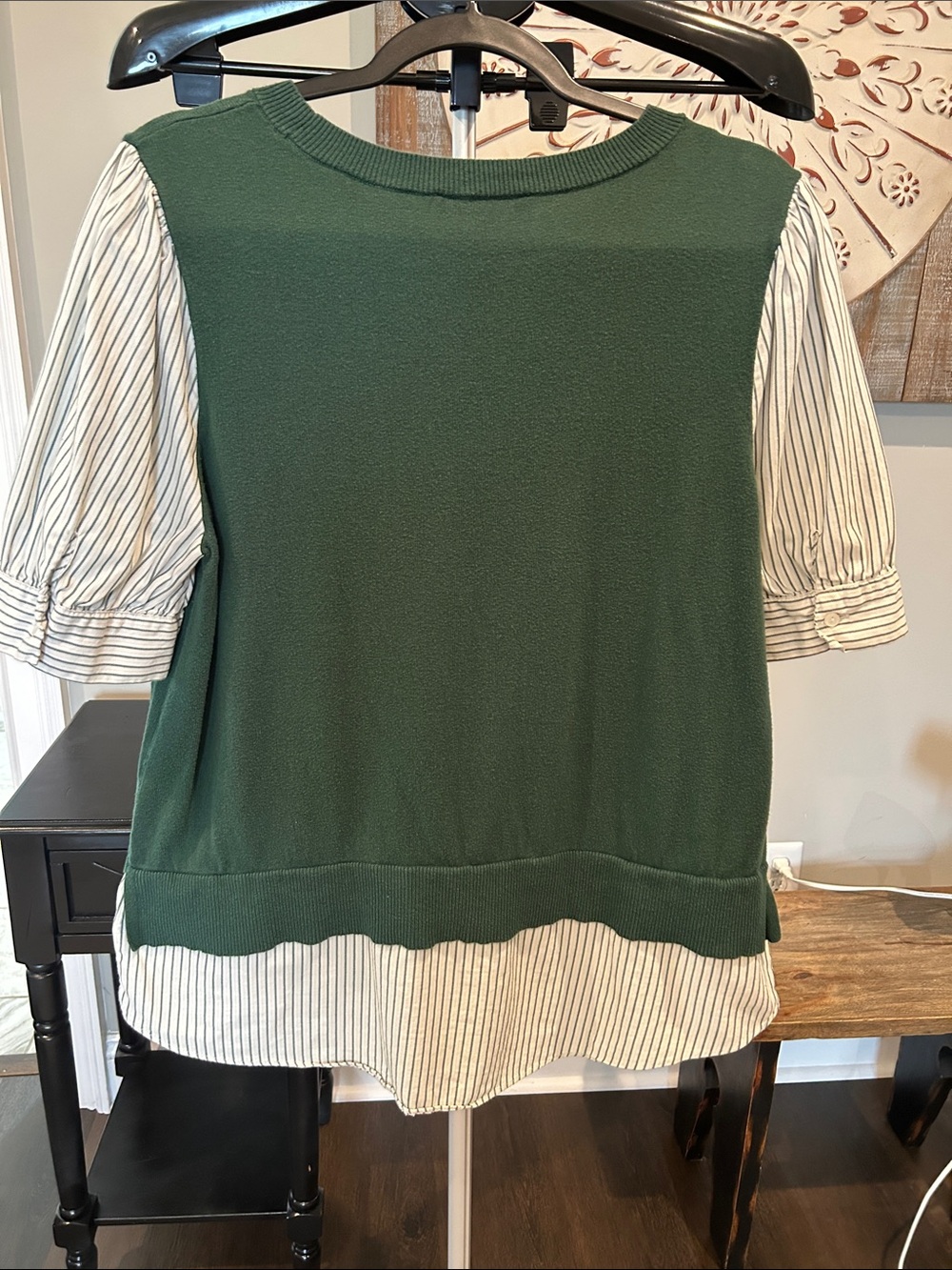 LOFT Dark Green Layered Pullover with Striped White Sleeves/ Size Large - Picture 6 of 6